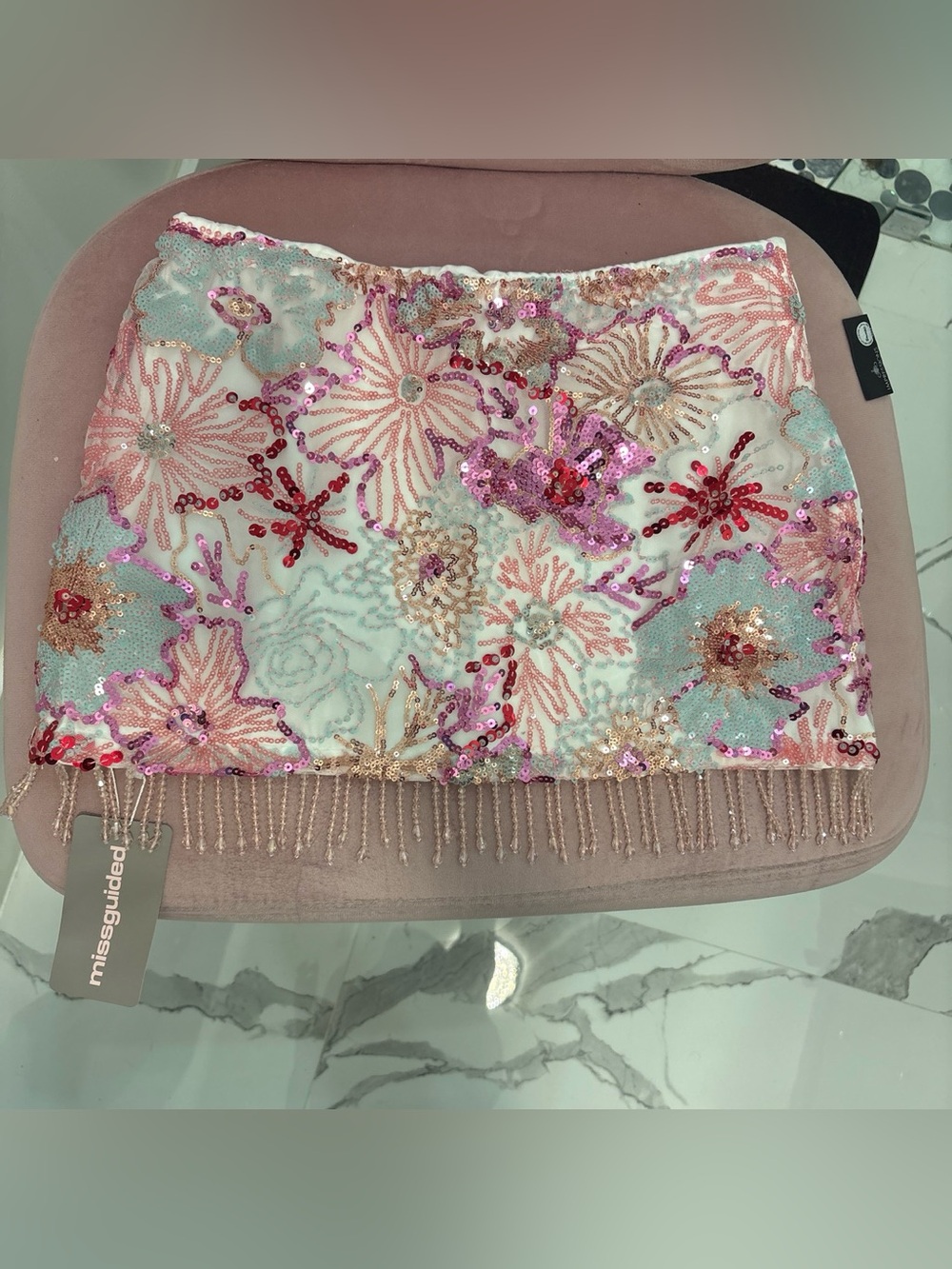 SHEIN Beaded Sequin Floral Mini Skirt in Mint, Pink & Gold